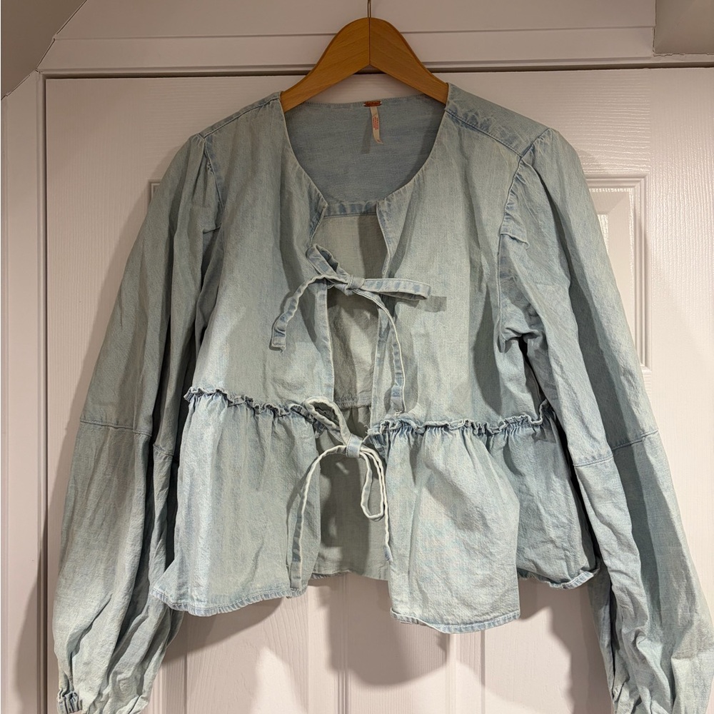 Free People Denim Blue Tie-Front Top